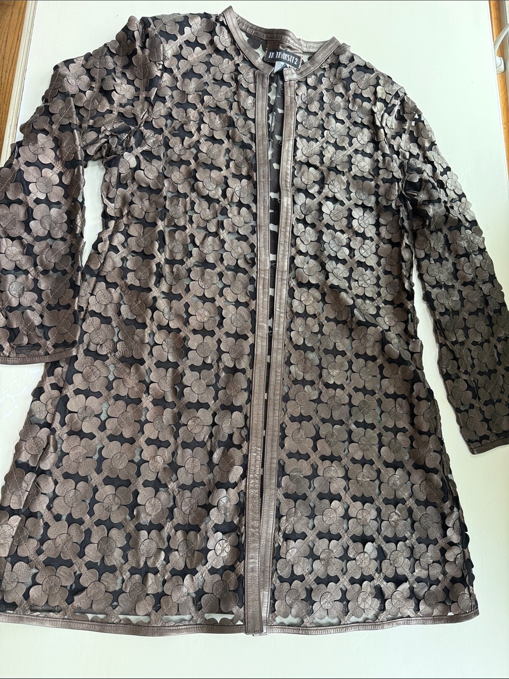 Floral Lace Open Front Jacket - Brown